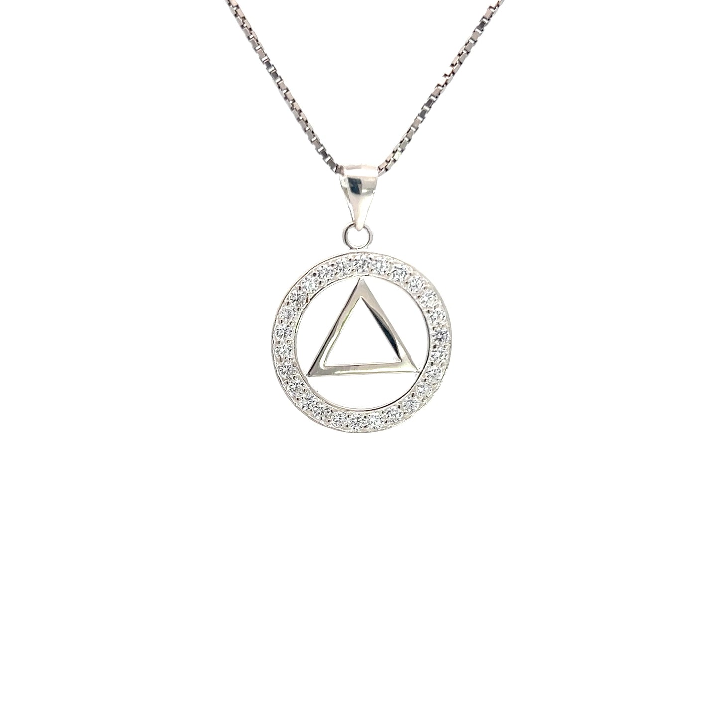 Alcoholics Anonymous (AA) Symbol Pendant in a Circle of Crystals – Sterling Silver Recovery Jewelry