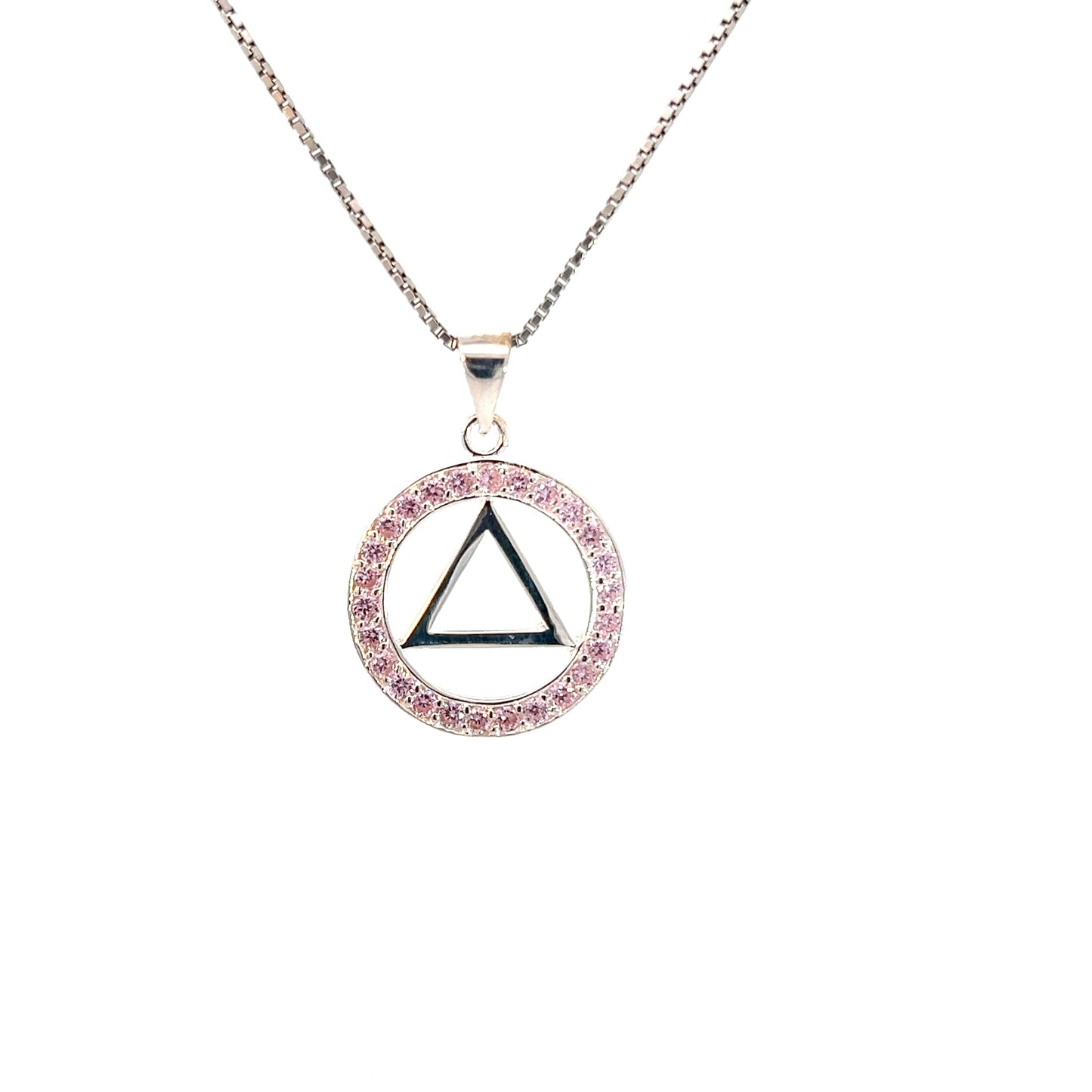 Alcoholics Anonymous (AA) Symbol Pendant in a Circle of Crystals – Sterling Silver Recovery Jewelry
