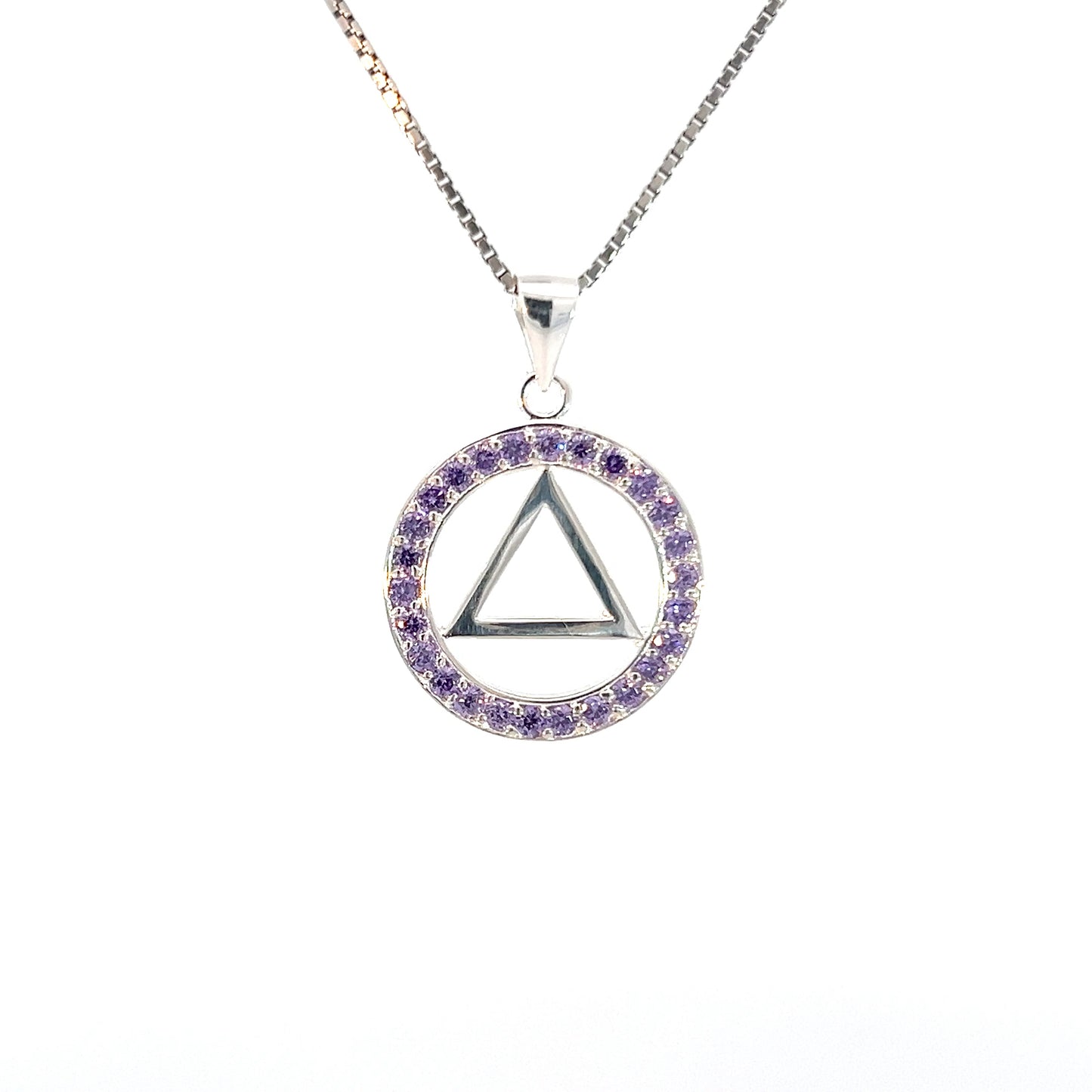 Alcoholics Anonymous (AA) Symbol Pendant in a Circle of Crystals – Sterling Silver Recovery Jewelry
