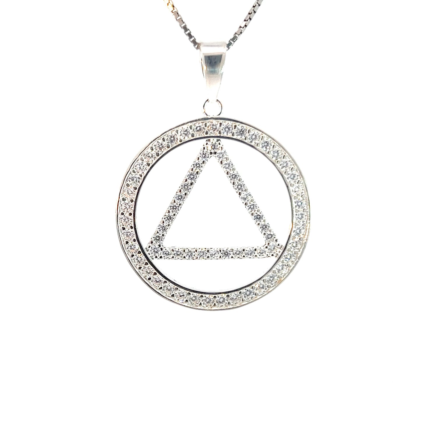 Sterling Silver AA Symbol Pendant – Large Circle Triangle with CZ Accents