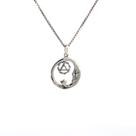 Sterling Silver AA Symbol Pendant with Moon and Star – 1.4g, Hand-Finished Recovery Jewelry