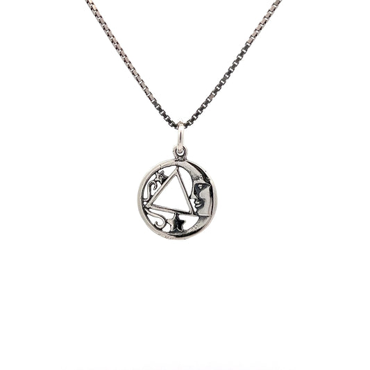 Sterling Silver Moon and Star Pendant with Alcoholics Anonymous (AA) Symbol – Medium Size