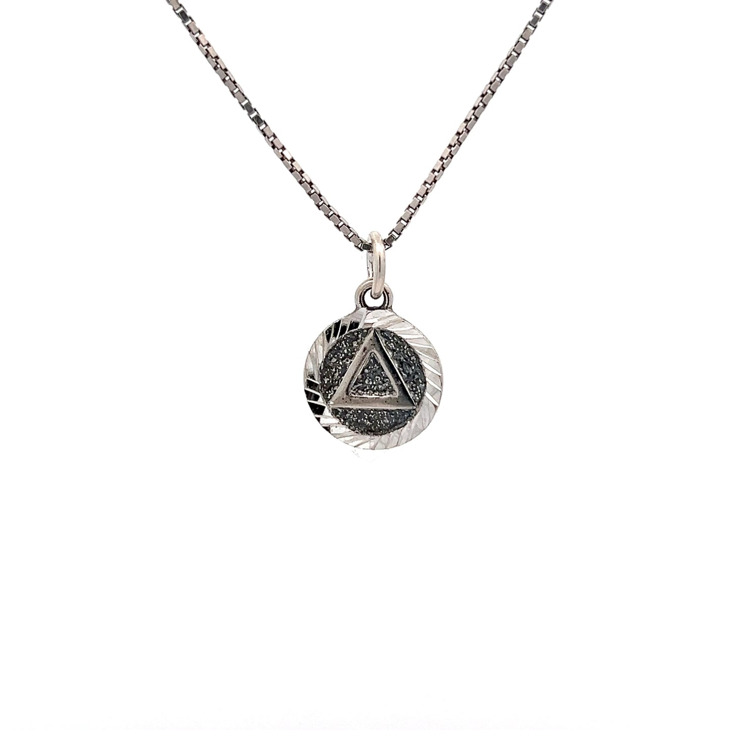 Sterling Silver AA Pendant – Small Textured Coin Style Circle with Triangle, 1.3g, Diamond Cut Accents