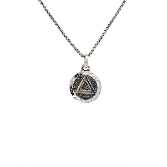 Sterling Silver AA Pendant – Small Textured Coin Style Circle with Triangle, 1.3g, Diamond Cut Accents