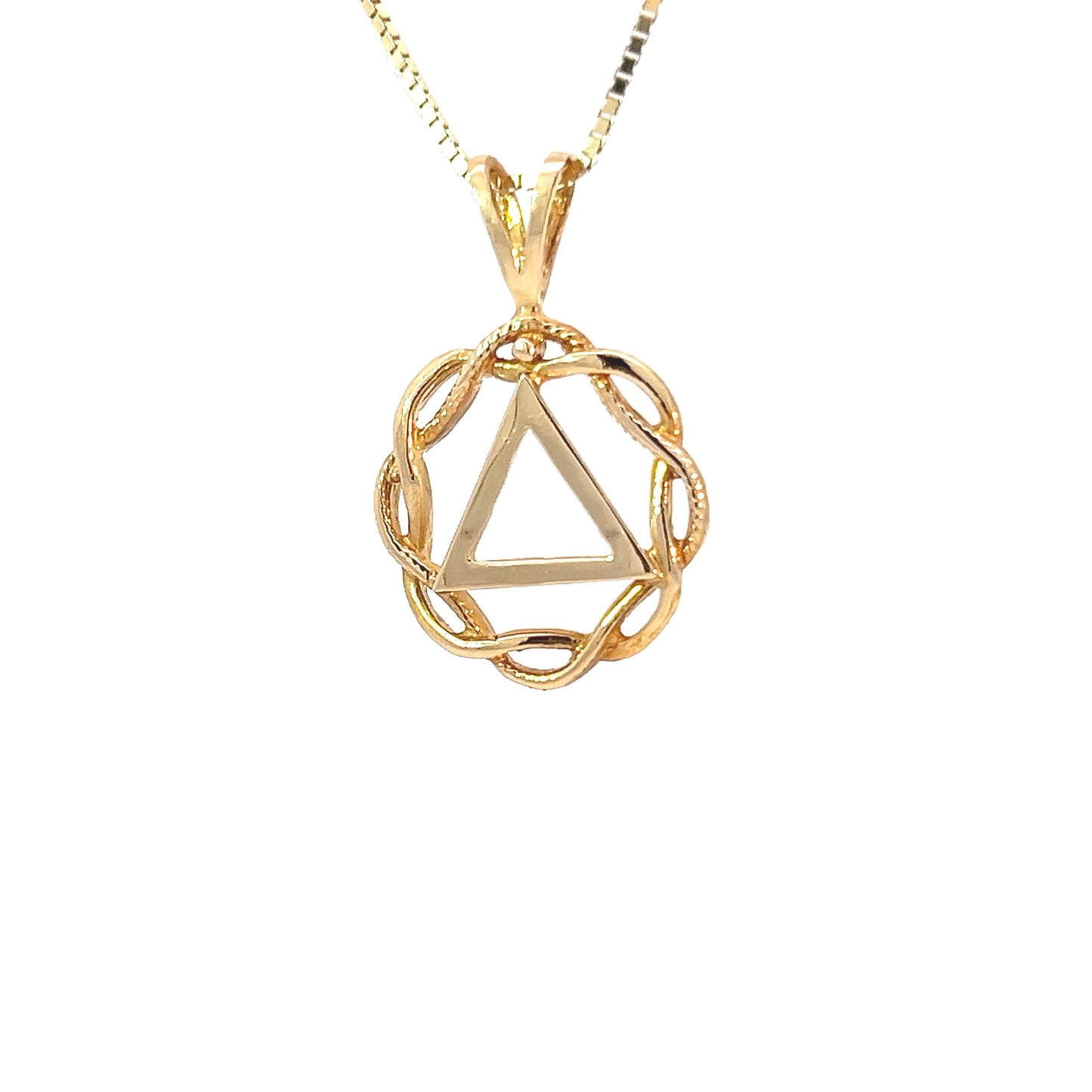 14k Gold AA Pendant – Basket Weave Circle with Triangle Symbol, Medium Size, 3.0g, Hand-Finished, Pendant Only