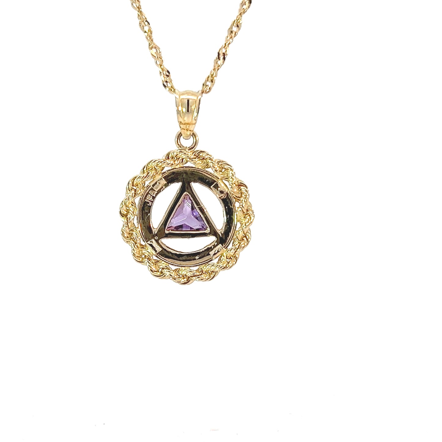 14k Gold Pendant, Small Size, Rope Style Circle, Available in Amethyst 6mm Triangle Colored CZ Birthstone