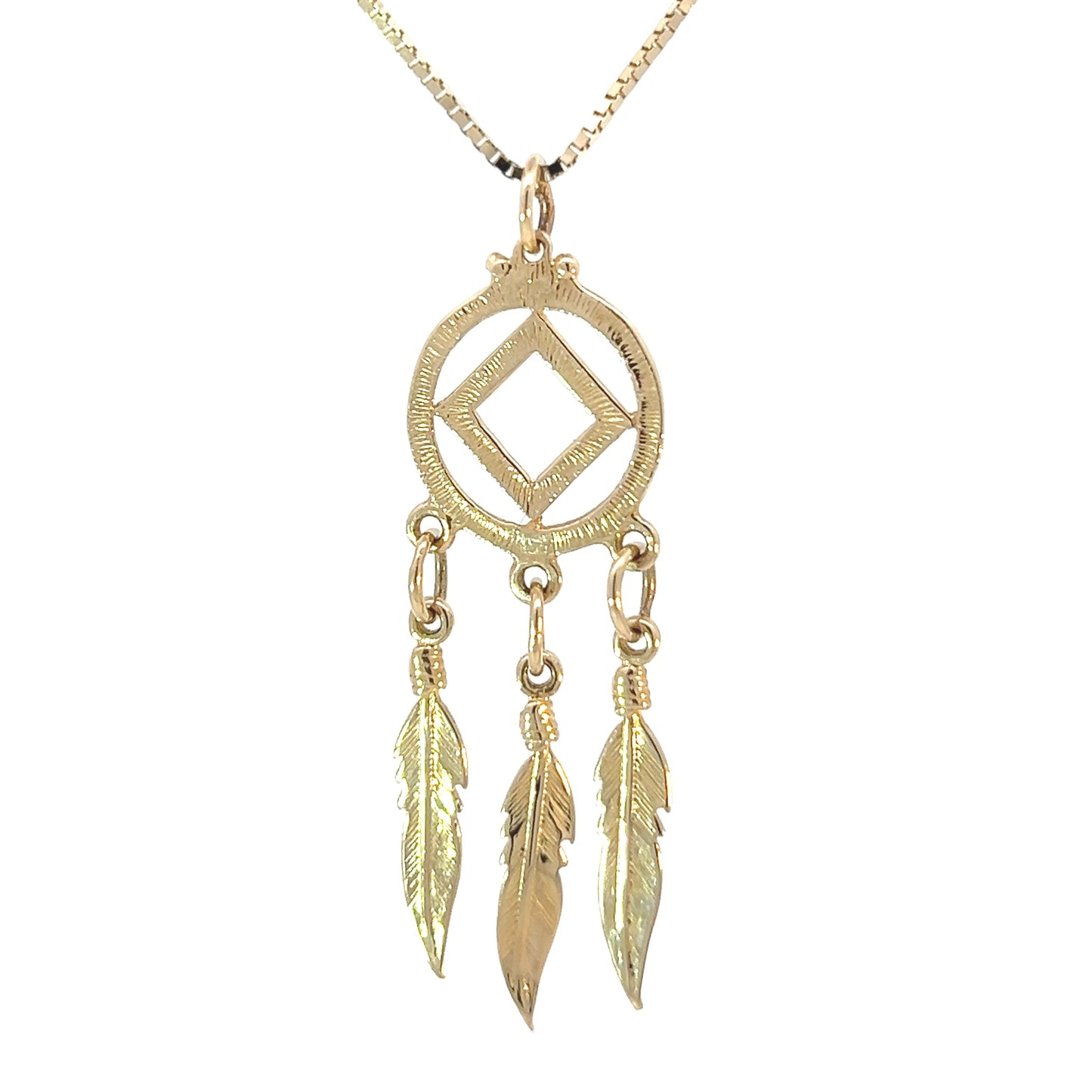 14k Gold Pendant, Narcotics Anonymous NA Symbol with 3 Feathers, Medium/Large Size