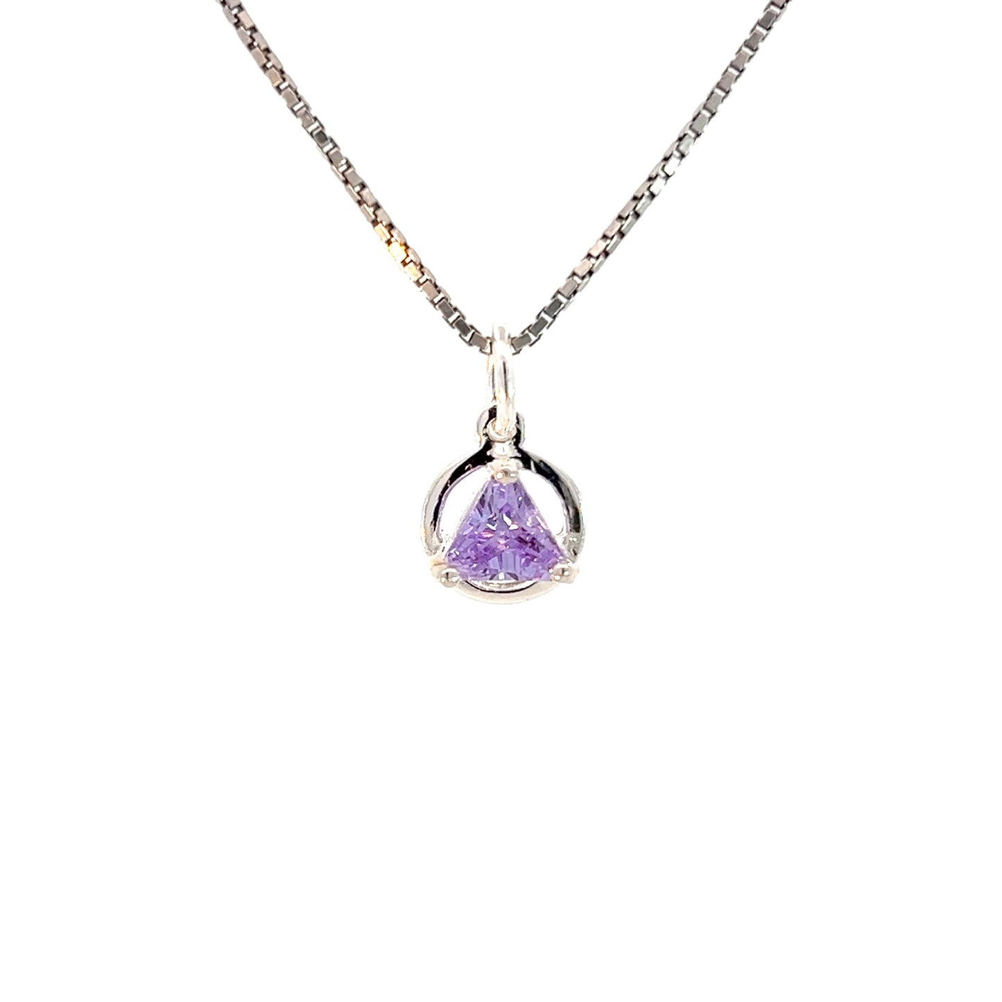 Sterling Silver Small Circle Pendant with 5mm Triangle Birthstone – 12-Step Recovery Jewelry