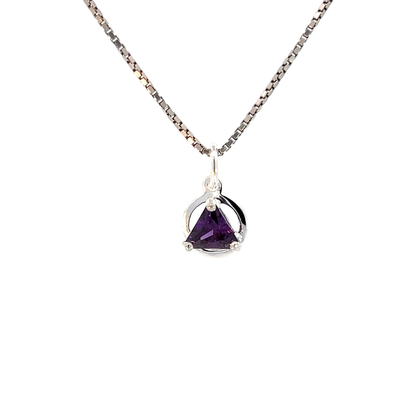 Sterling Silver Small Circle Pendant with 5mm Triangle Birthstone – 12-Step Recovery Jewelry