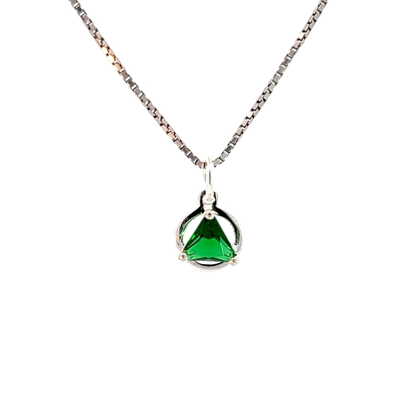 Sterling Silver Small Circle Pendant with 5mm Triangle Birthstone – 12-Step Recovery Jewelry