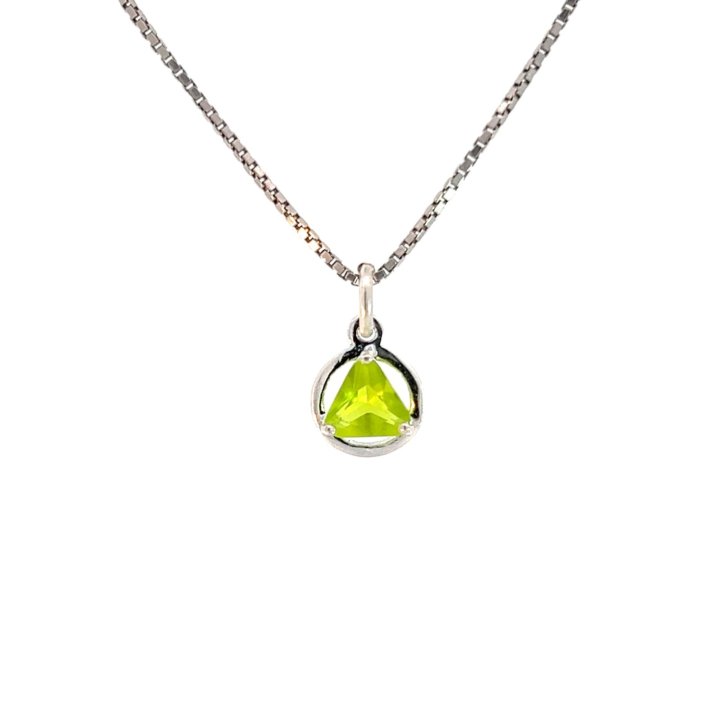 Sterling Silver Small Circle Pendant with 5mm Triangle Birthstone – 12-Step Recovery Jewelry