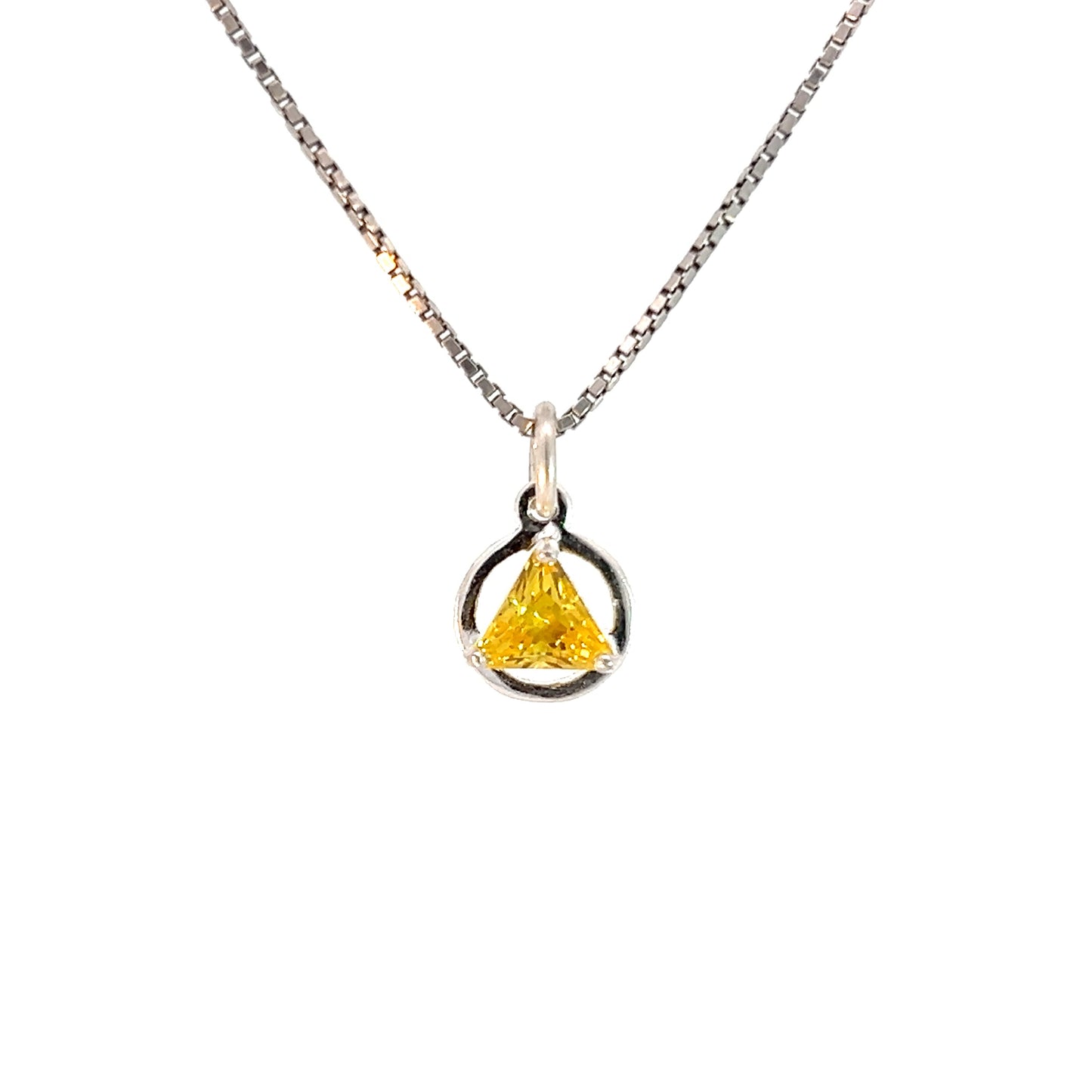 Sterling Silver Small Circle Pendant with 5mm Triangle Birthstone – 12-Step Recovery Jewelry