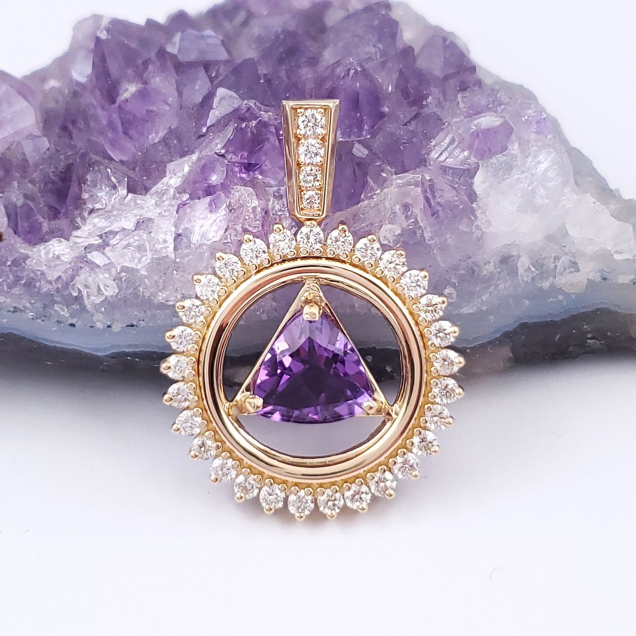 14k Gold AA Pendant – Circle with 22 Diamonds & 2.03ct Genuine Amethyst Triangle, 3.4g, Hand-Finished