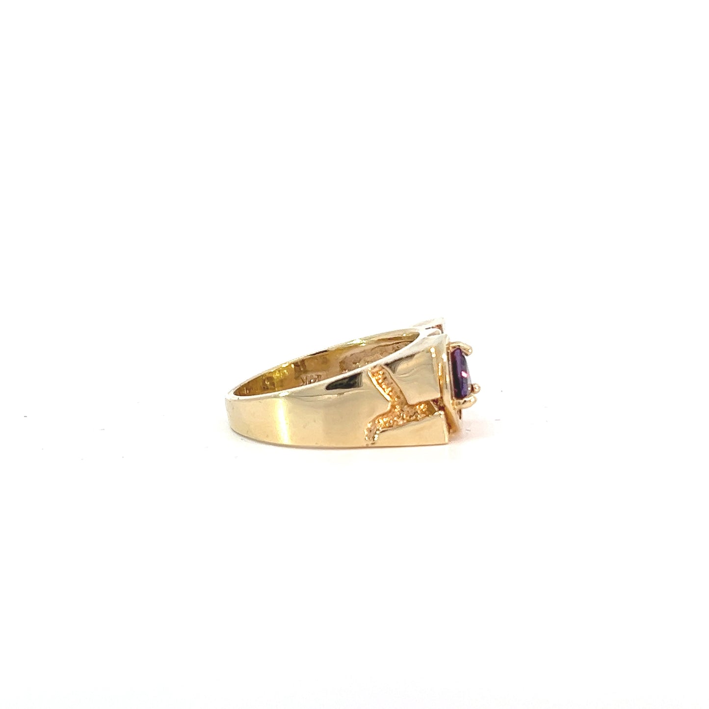 14k Gold Ring, Rectangular Ravine Textured Style Men's Alcoholics Anonymous AA Symbol with a 5X5mm CZ Triangle in Purple Amethyst Color