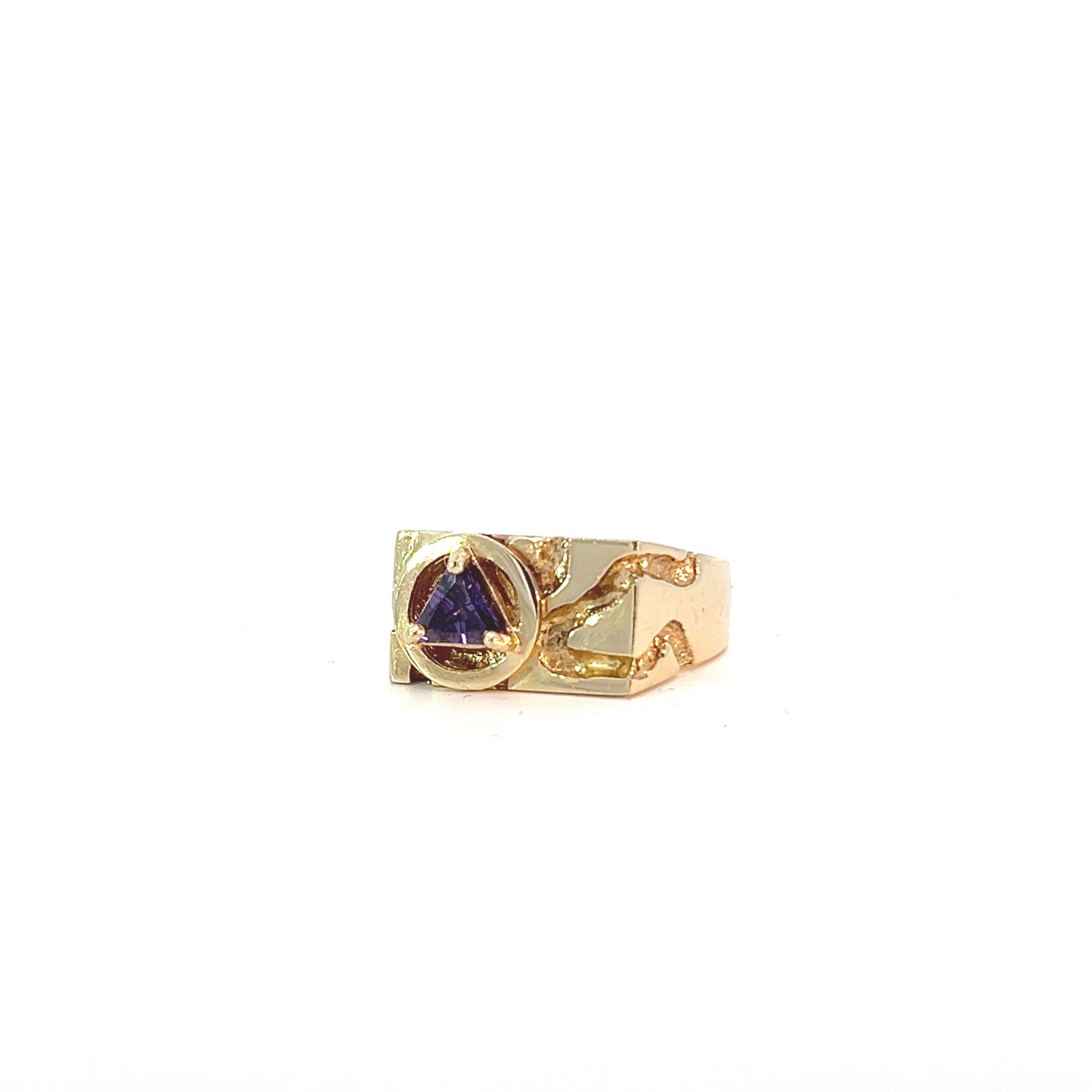 14k Gold Ring, Rectangular Ravine Textured Style Men's Alcoholics Anonymous AA Symbol with a 5X5mm CZ Triangle in Purple Amethyst Color