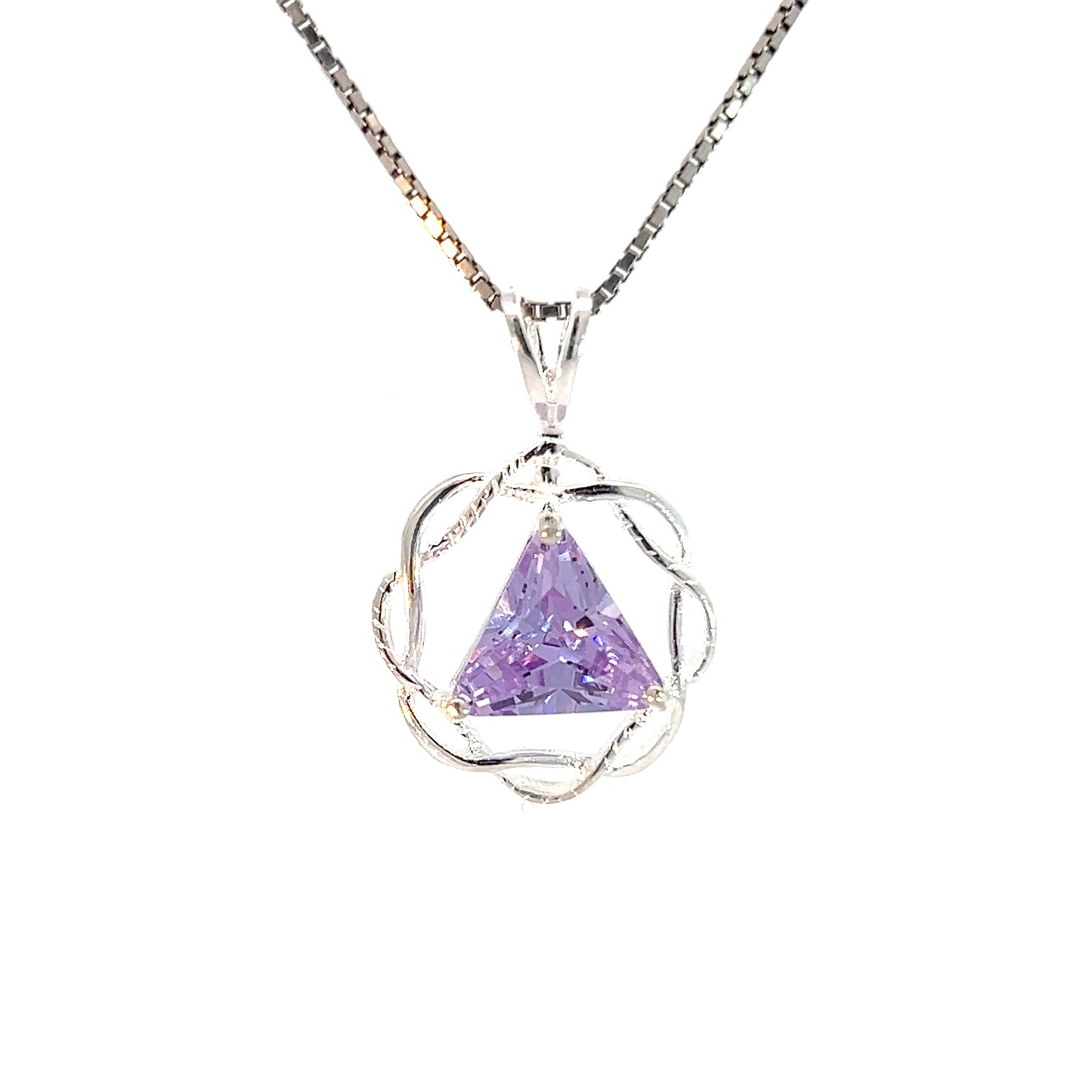 Flat Triangle in Basket Weave Circle with Birthstone – Sterling Silver AA Recovery Pendant