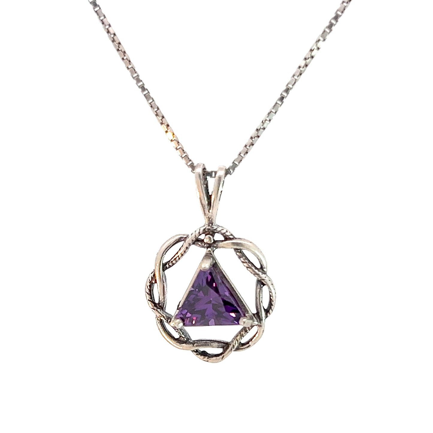 Flat Triangle in Basket Weave Circle with Birthstone – Sterling Silver AA Recovery Pendant