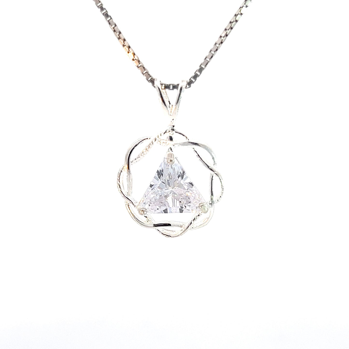 Flat Triangle in Basket Weave Circle with Birthstone – Sterling Silver AA Recovery Pendant