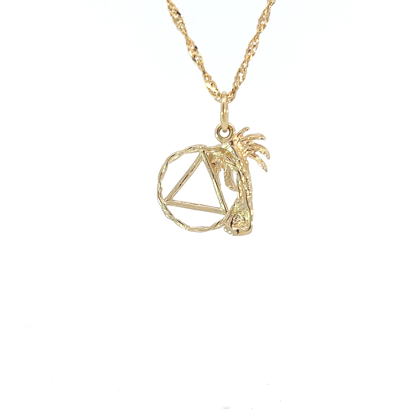 14k Gold Pendant, Palm Tree with Alcoholics Anonymous AA Symbol in Twist Wire Circle, Medium Size