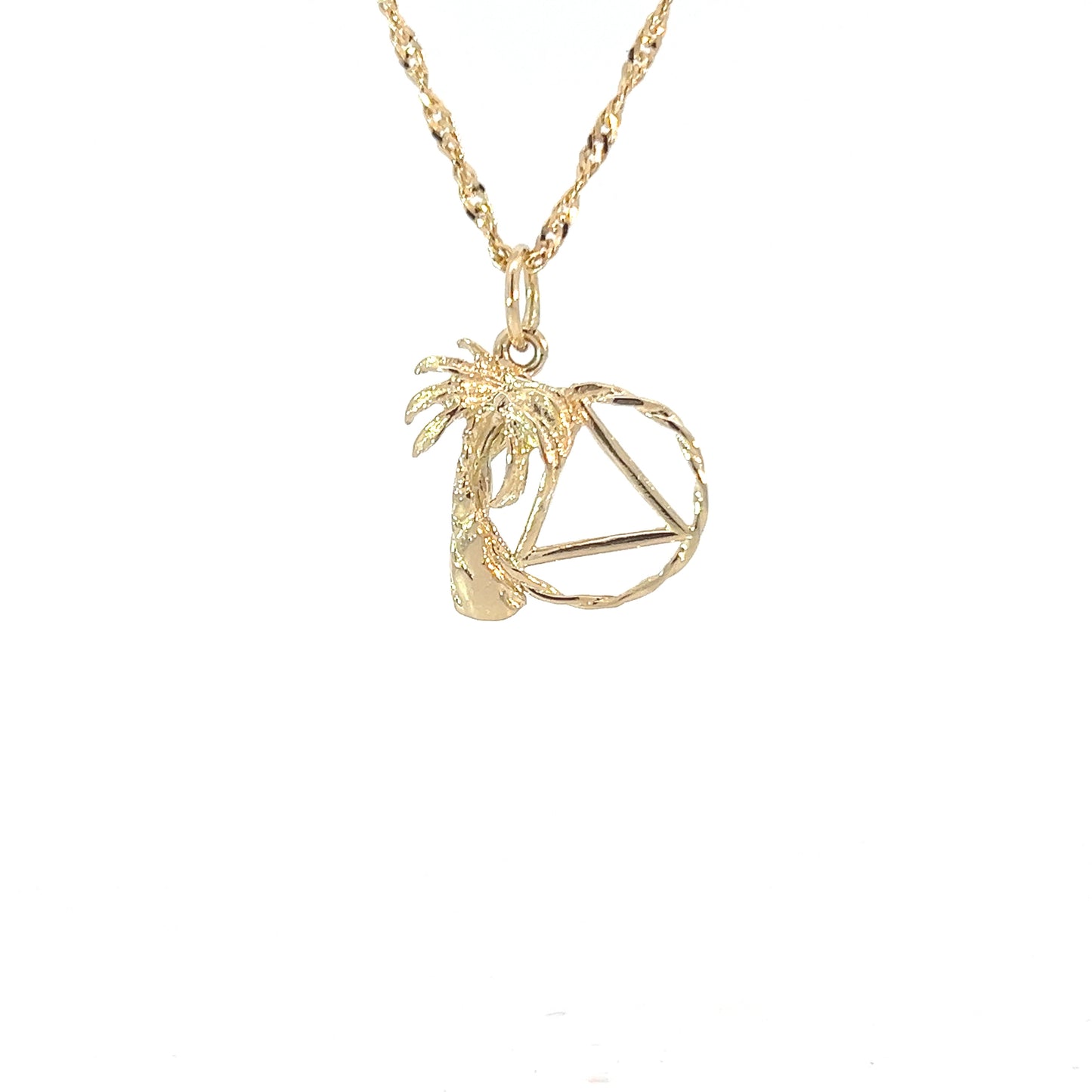 14k Gold Pendant, Palm Tree with Alcoholics Anonymous AA Symbol in Twist Wire Circle, Medium Size