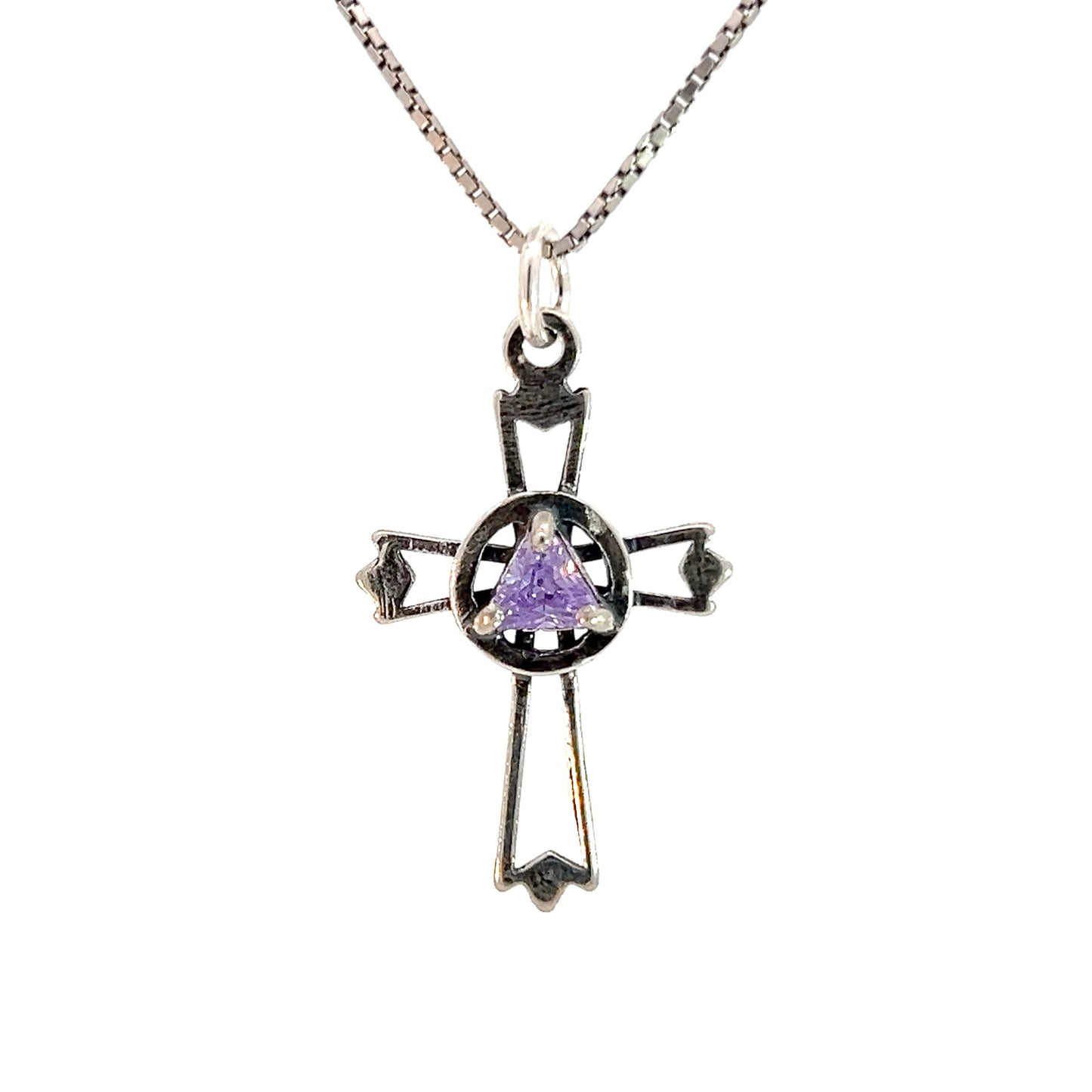 Sterling Silver AA Symbol Cross Pendant with 5mm Birthstone – Available in 12 Colors