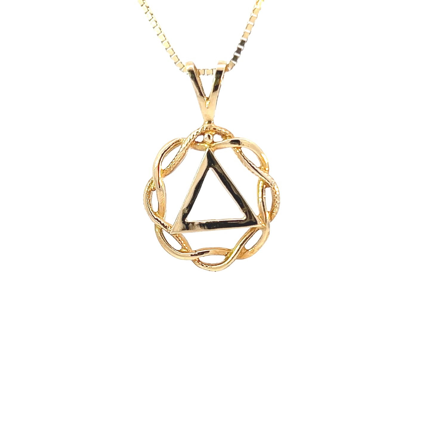 14k Gold AA Pendant – Basket Weave Circle with Triangle Symbol, Medium Size, 3.0g, Hand-Finished, Pendant Only