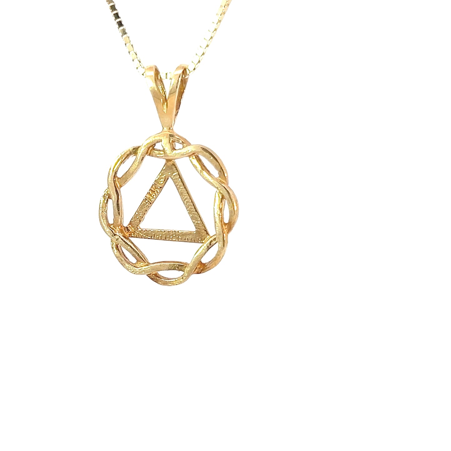 14k Gold AA Pendant – Basket Weave Circle with Triangle Symbol, Medium Size, 3.0g, Hand-Finished, Pendant Only