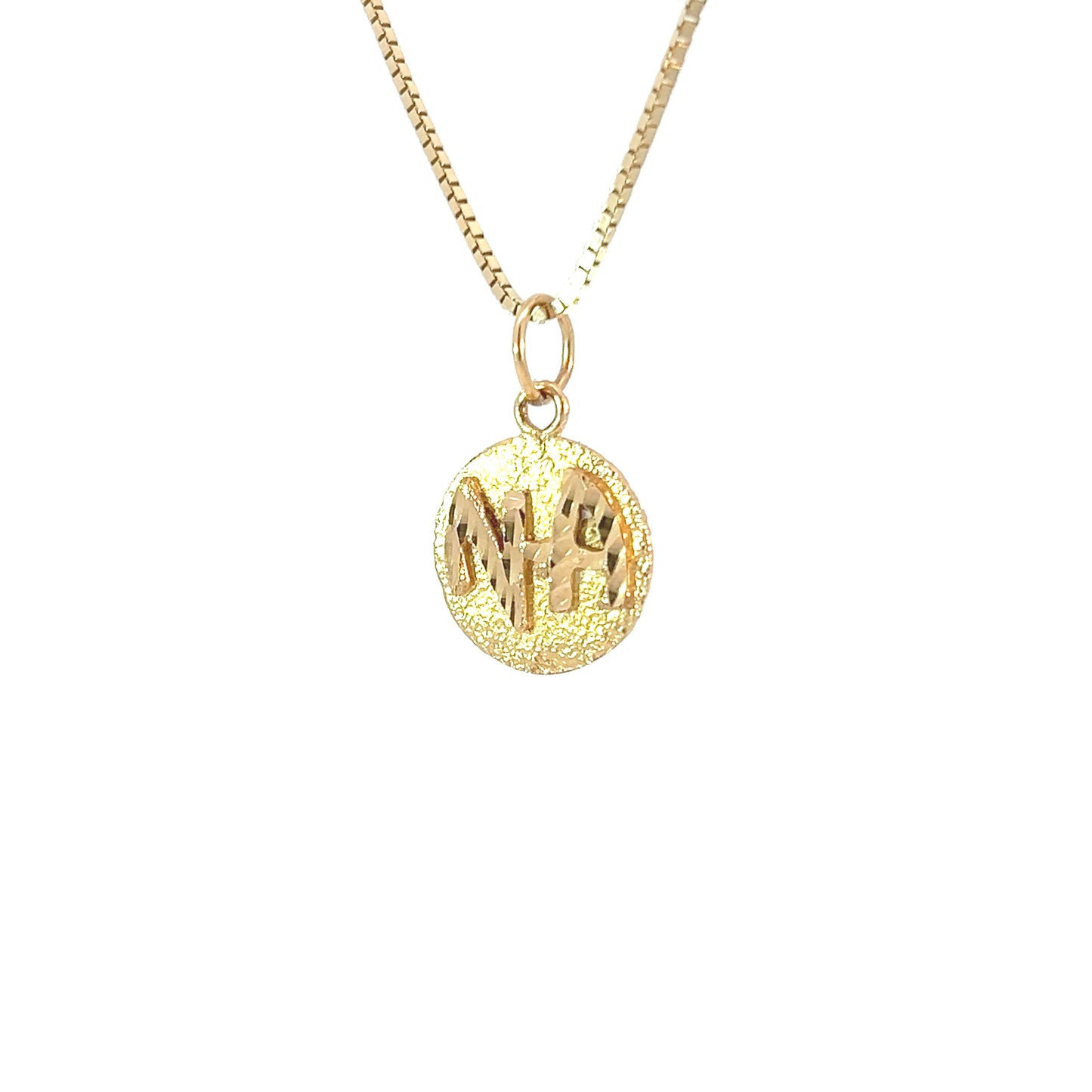 14k Gold Pendant, Narcotics Anonymous NA Initials in a Solid Textured Coin Style Circle, Medium Size