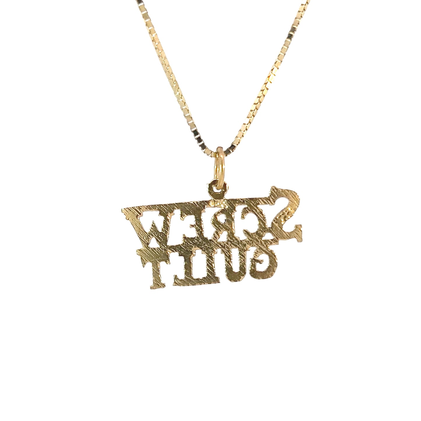 14K Gold, Sayings Pendant, "SCREW GUILT"