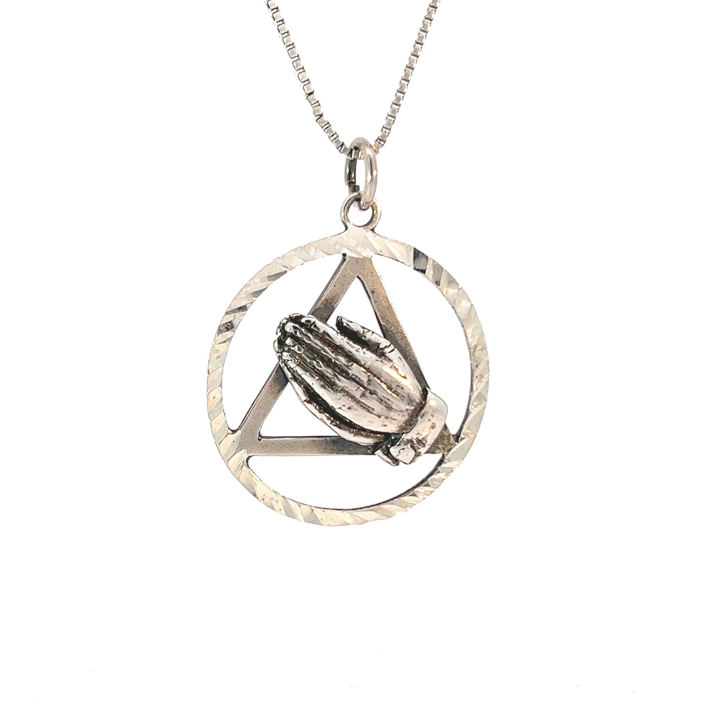 Sterling Silver AA Pendant with Praying Hands – Diamond Cut Circle, 3.0g, Large Size