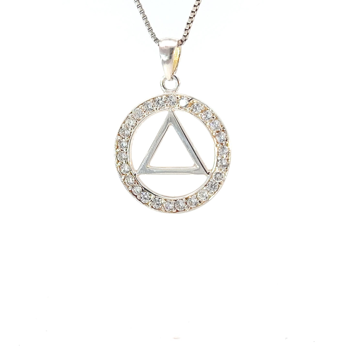 Alcoholics Anonymous (AA) Symbol Pendant in a Circle of Crystals – Sterling Silver Recovery Jewelry