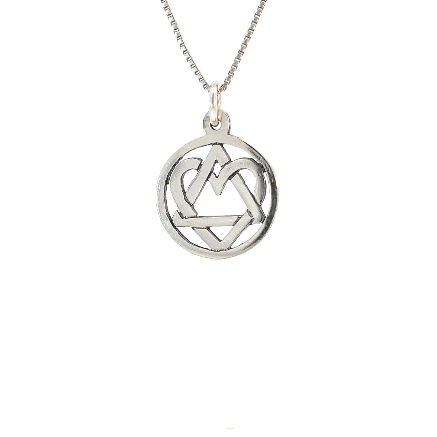 Sterling Silver AA Symbol Pendant with Open Heart and Love & Service – Medium Size