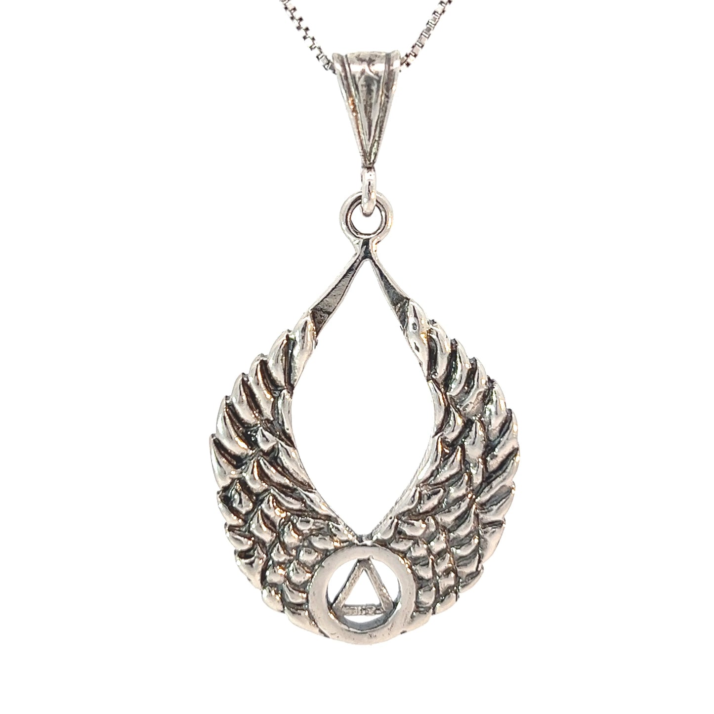Sterling Silver AA Symbol Pendant with Angel Wings – 8.2g, Hand-Finished Recovery Jewelry