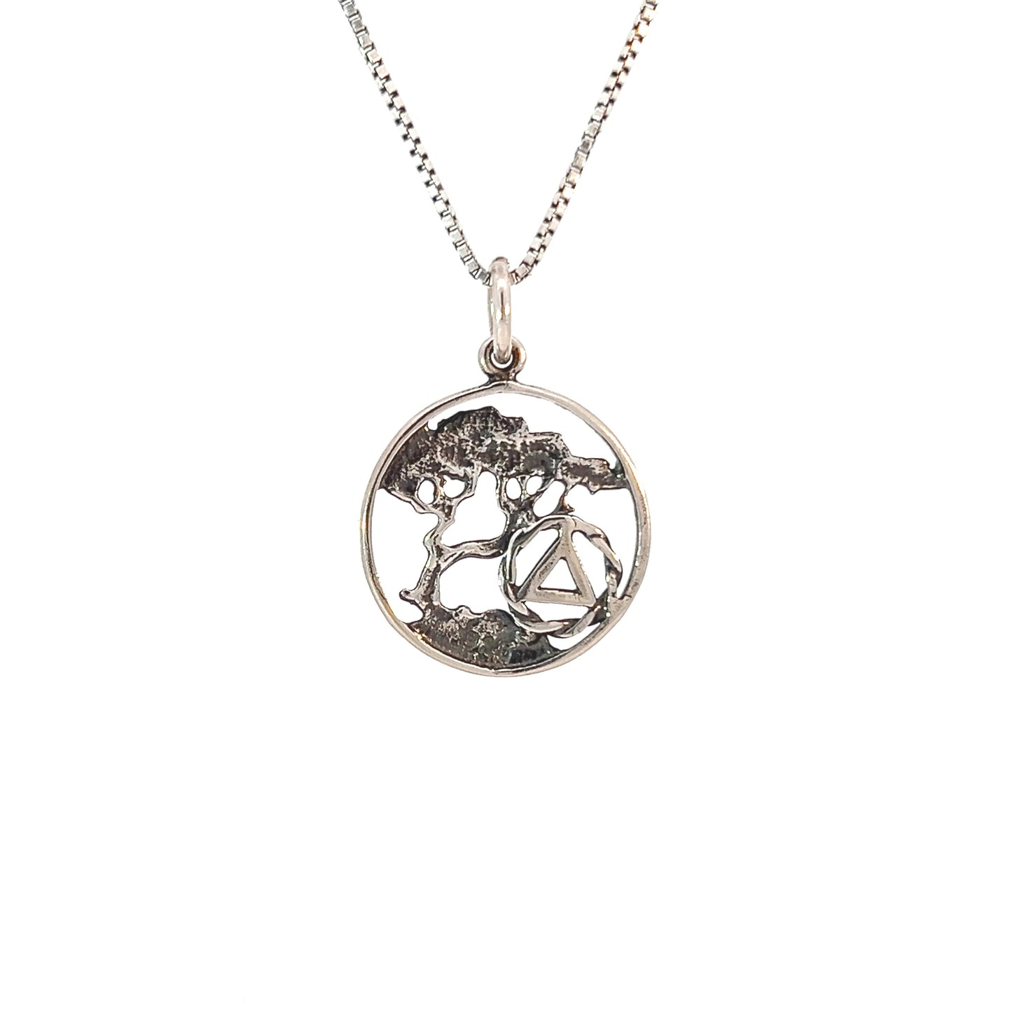 Sterling Silver Pendant, Alcoholics Anonymous AA Recovery Symbol with a Beautiful Tree of Life