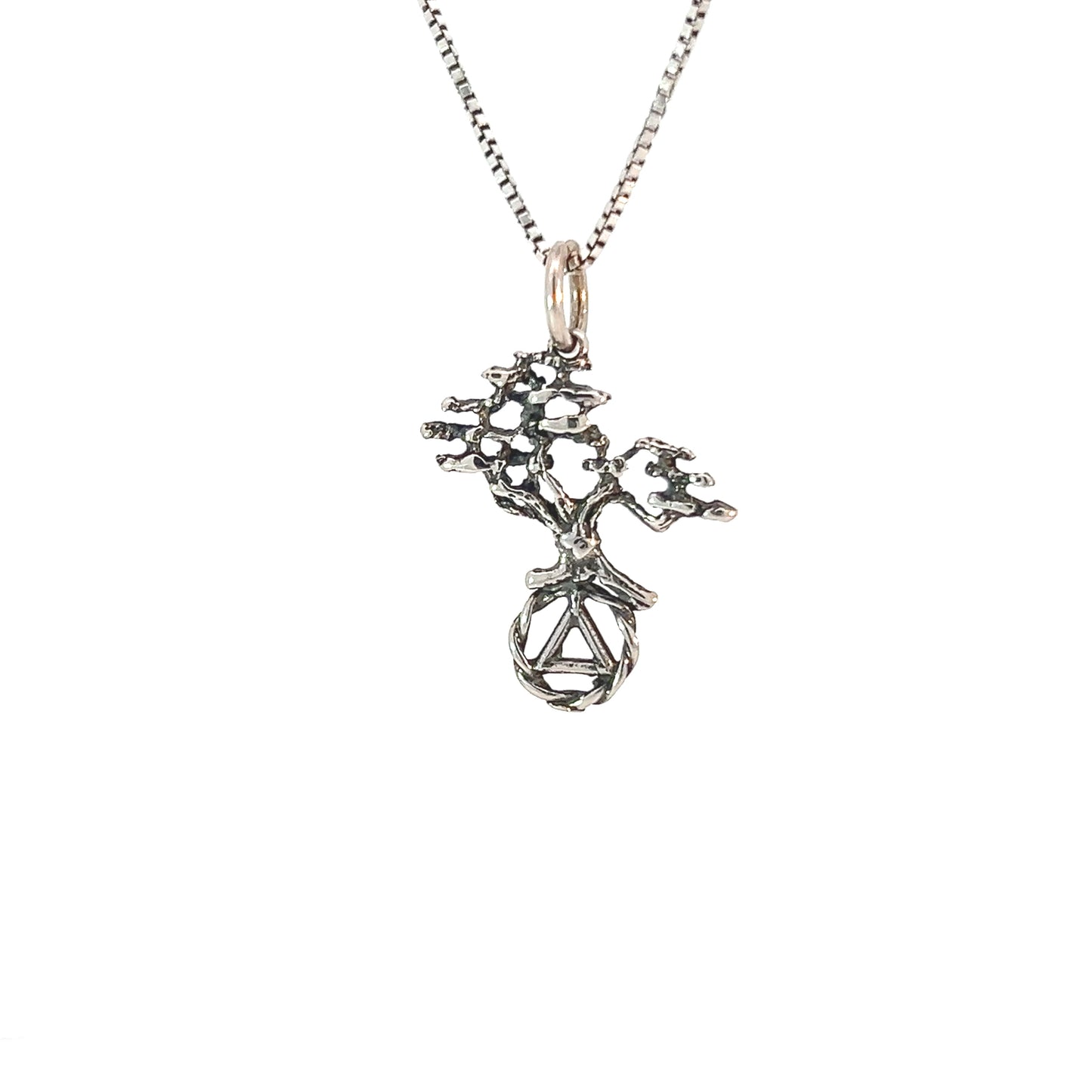 Sterling Silver AA Symbol Pendant with Tree of Life – 0.8g, Hand-Finished Recovery Jewelry