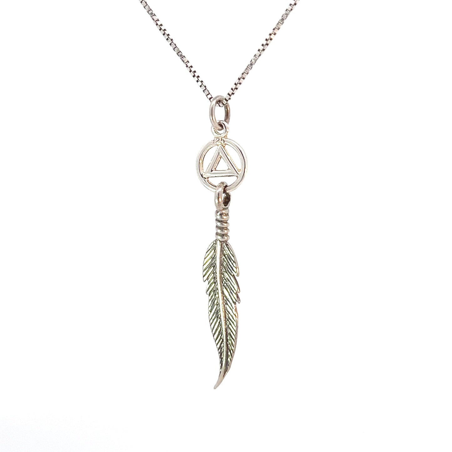 Sterling Silver AA Pendant with Single Feather – 1.6g, Hand-Finished, Symbolic Recovery Jewelry