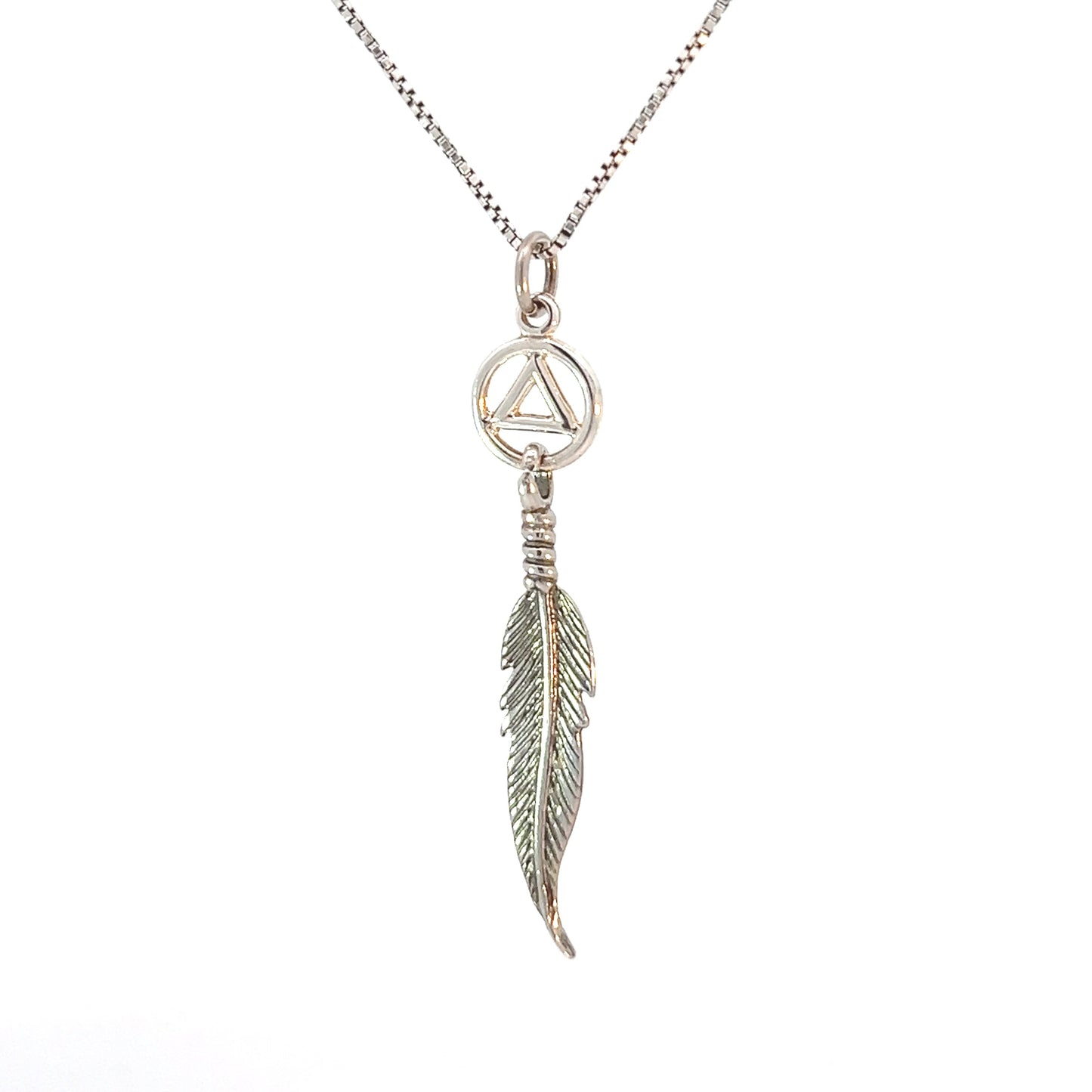 Sterling Silver AA Pendant with Single Feather – 1.6g, Hand-Finished, Symbolic Recovery Jewelry