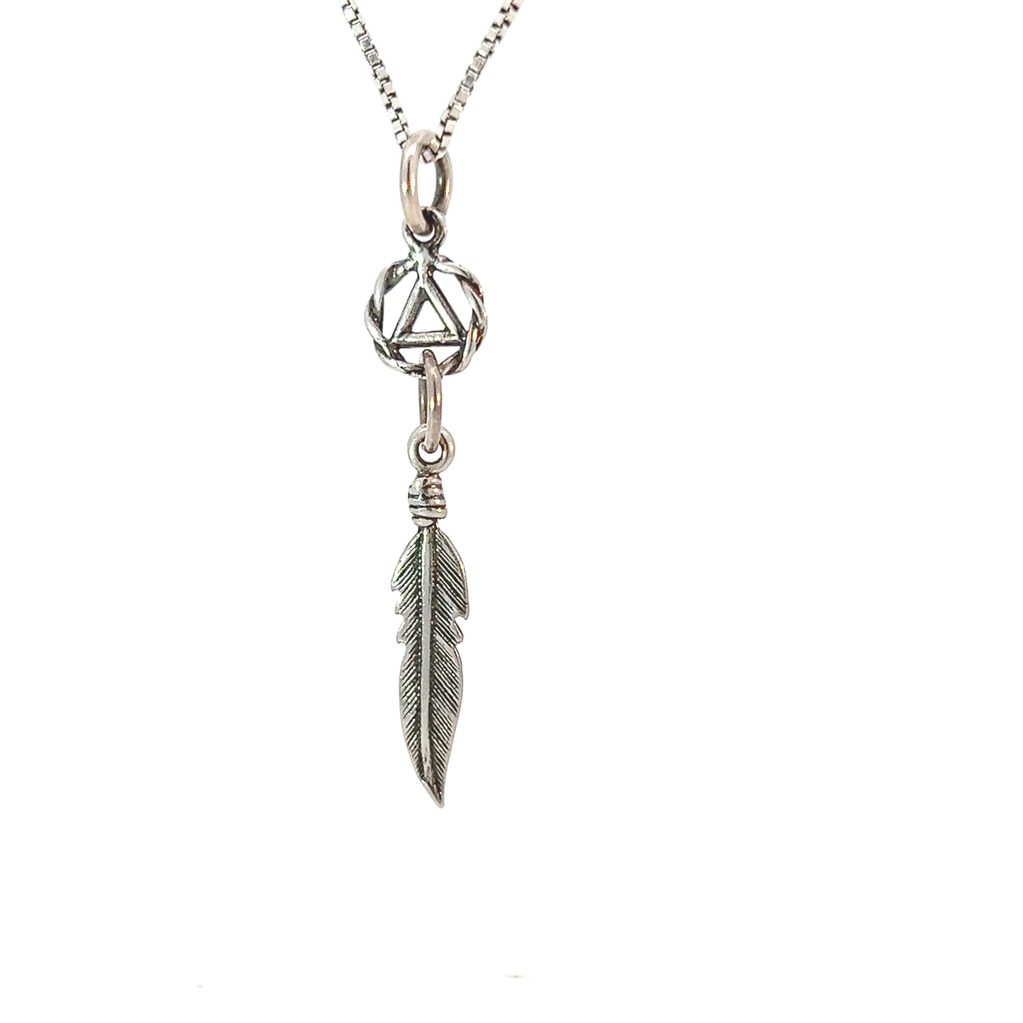 Sterling Silver AA Symbol Pendant with Single Feather – 0.9g, Hand-Finished Recovery Jewelry