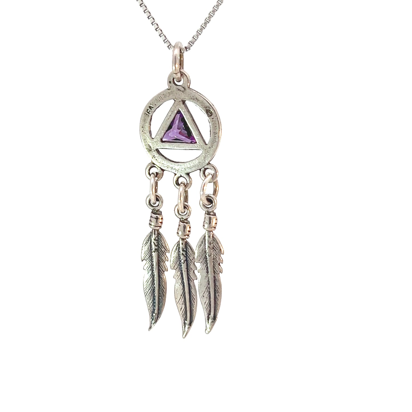 Sterling Silver AA Pendant – 3 Feathers with 6mm Triangle CZ Birthstone, 2.8g, Available in 12 Colors