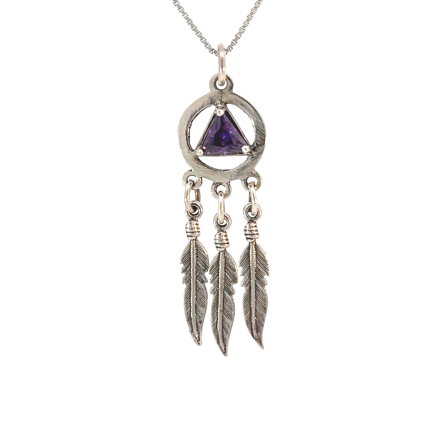 Sterling Silver AA Pendant – 3 Feathers with 6mm Triangle CZ Birthstone, 2.8g, Available in 12 Colors