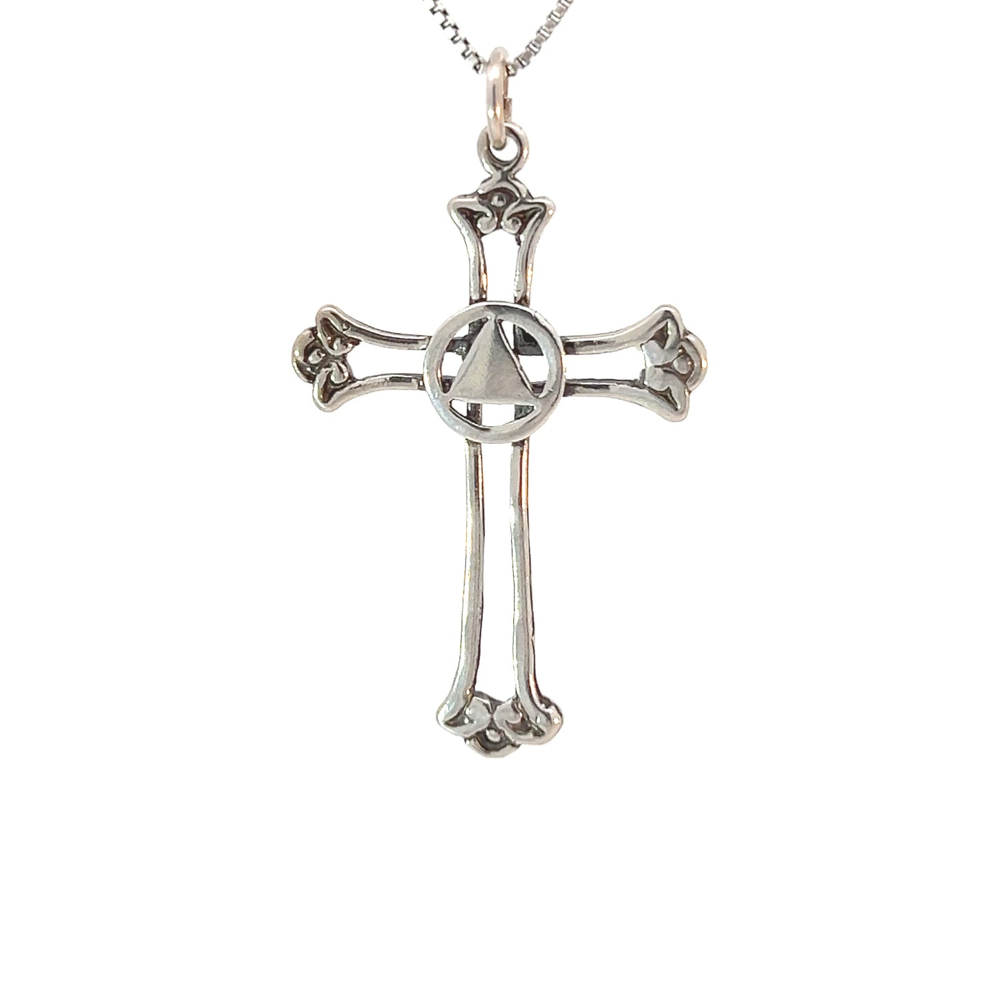 Sterling Silver AA Symbol Pendant with Solid Triangle in Open Cross – Recovery Jewelry