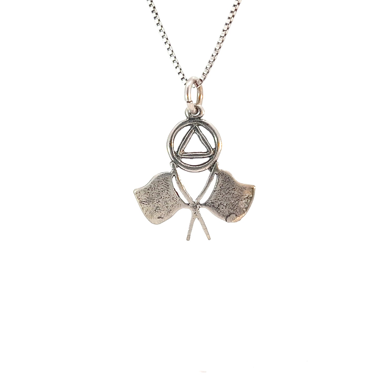 Sterling Silver AA Symbol Pendant with Double Racing Flags – 1.5g Recovery Jewelry