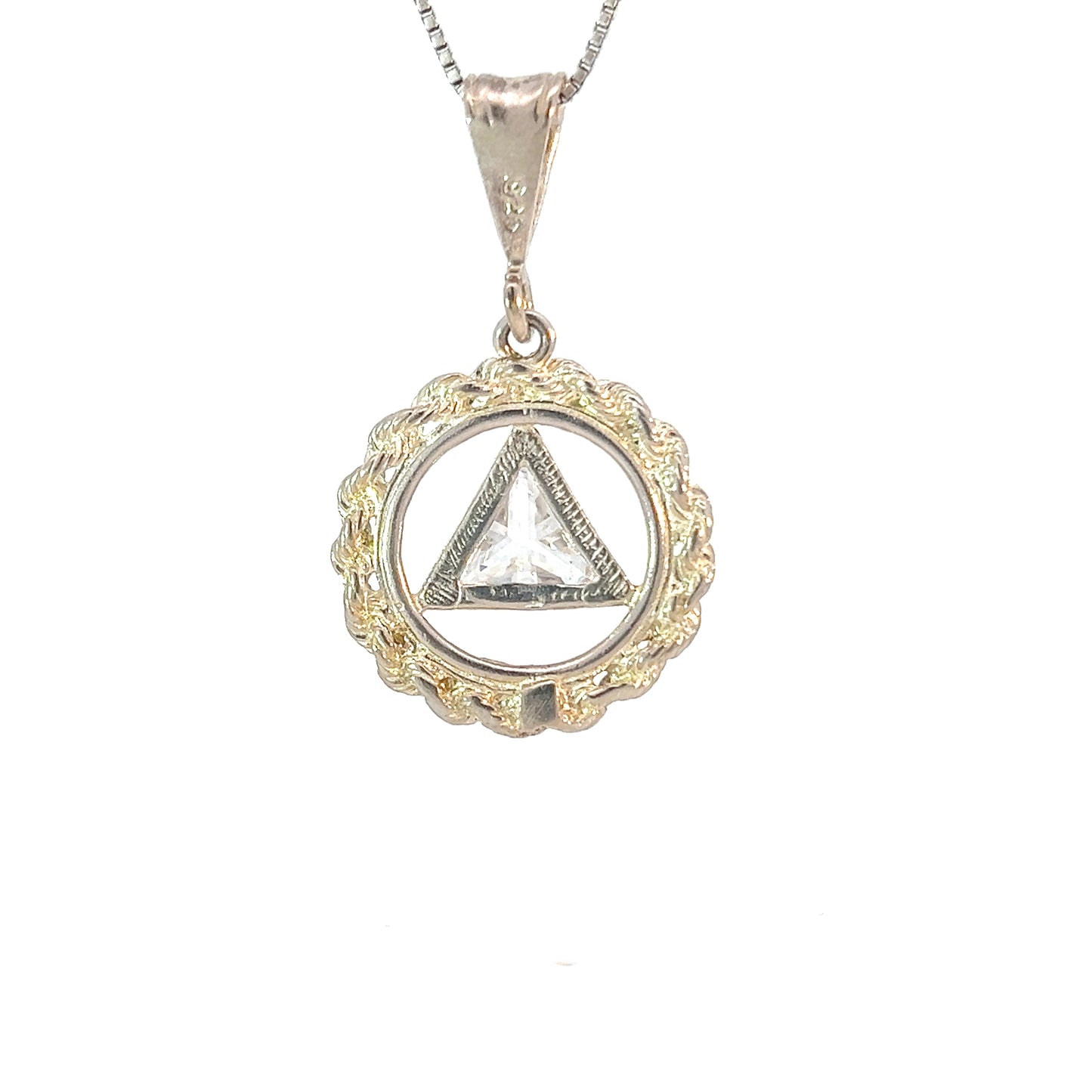 Sterling Silver Rope Style Circle Pendant with 8mm Triangle Birthstone – 12-Step Recovery Jewelry