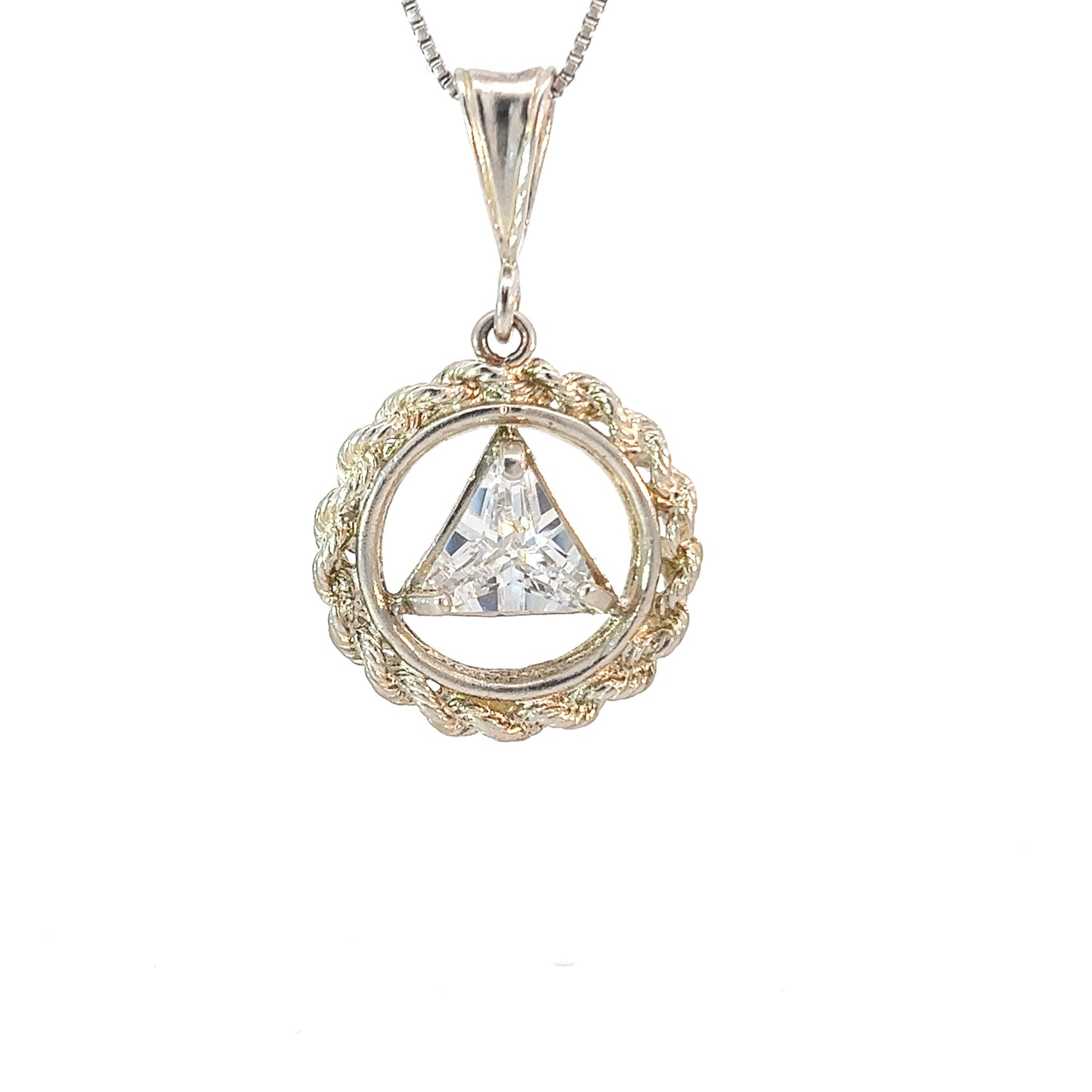 Sterling Silver Rope Style Circle Pendant with 8mm Triangle Birthstone – 12-Step Recovery Jewelry