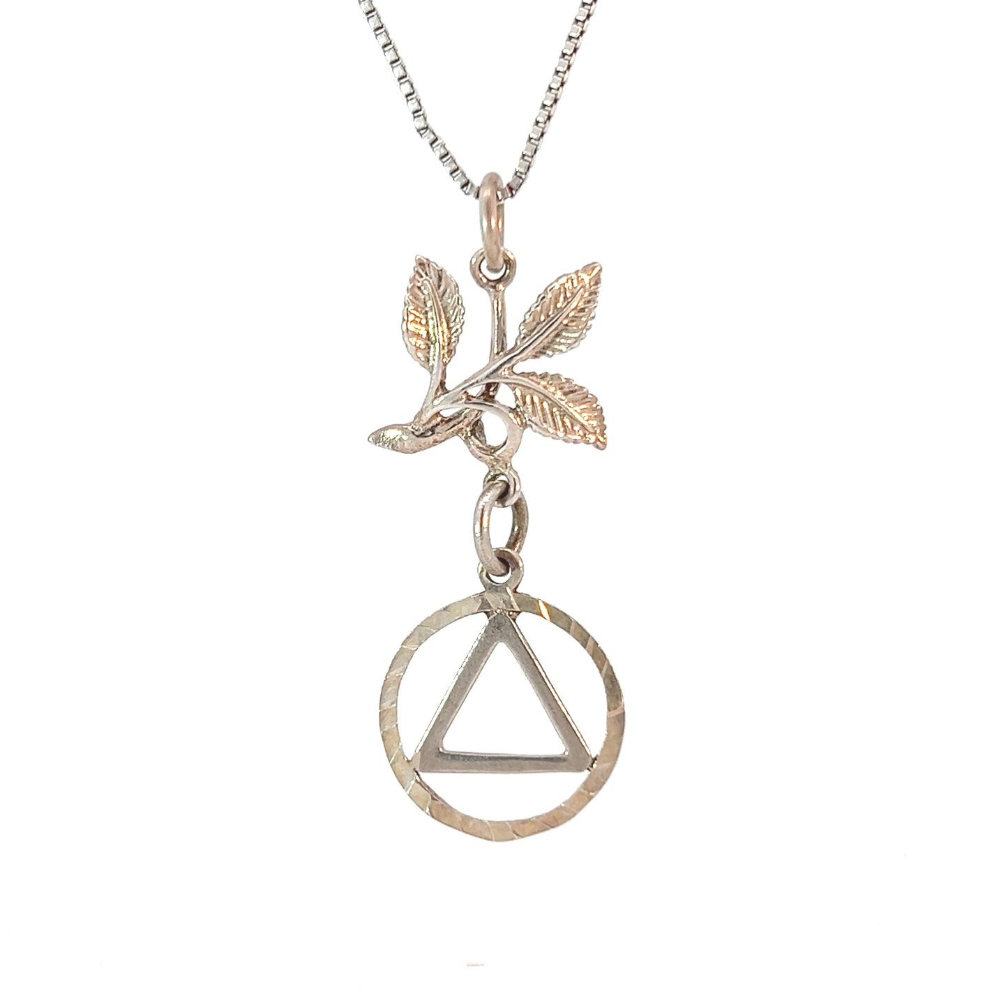 Sterling Silver AA Pendant – Textured Triangle in Diamond Cut Circle with 3 Leaves, 1.7g