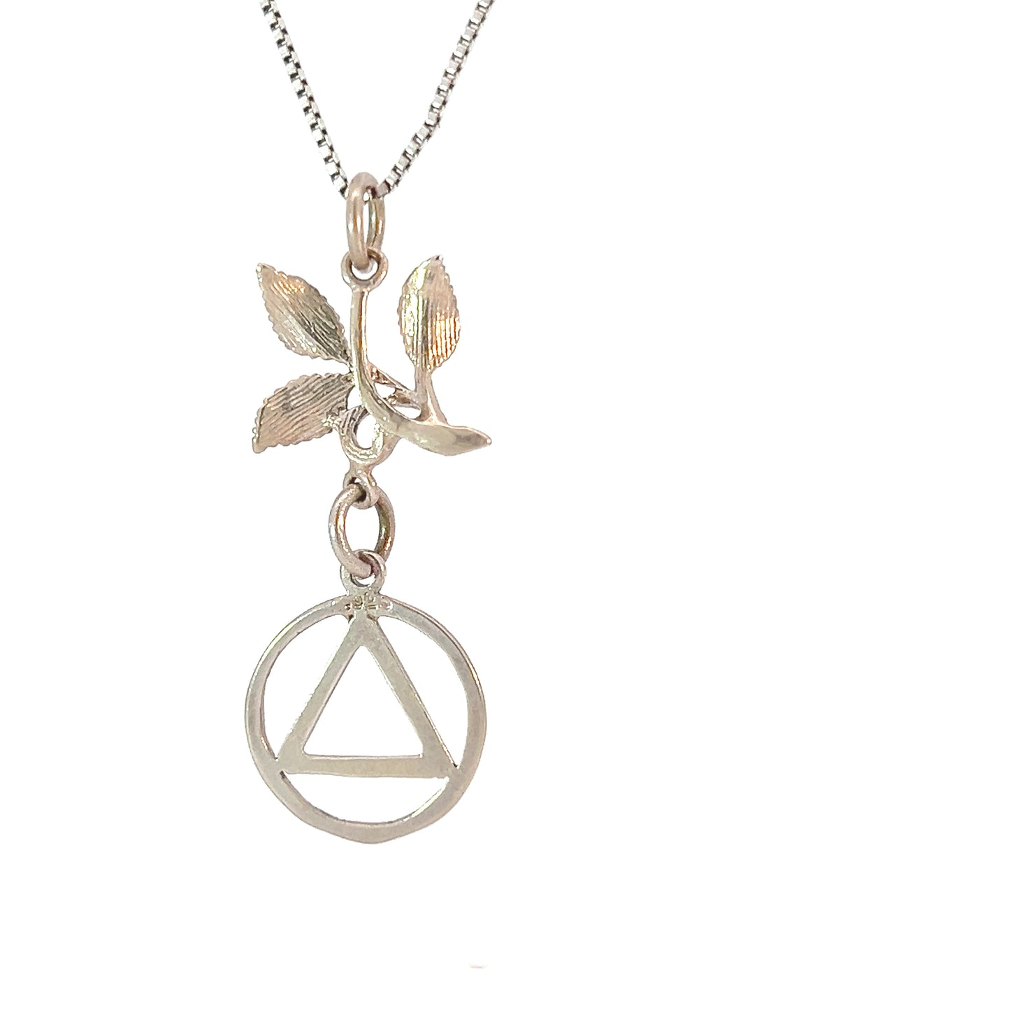 Sterling Silver AA Pendant – Textured Triangle in Diamond Cut Circle with 3 Leaves, 1.7g