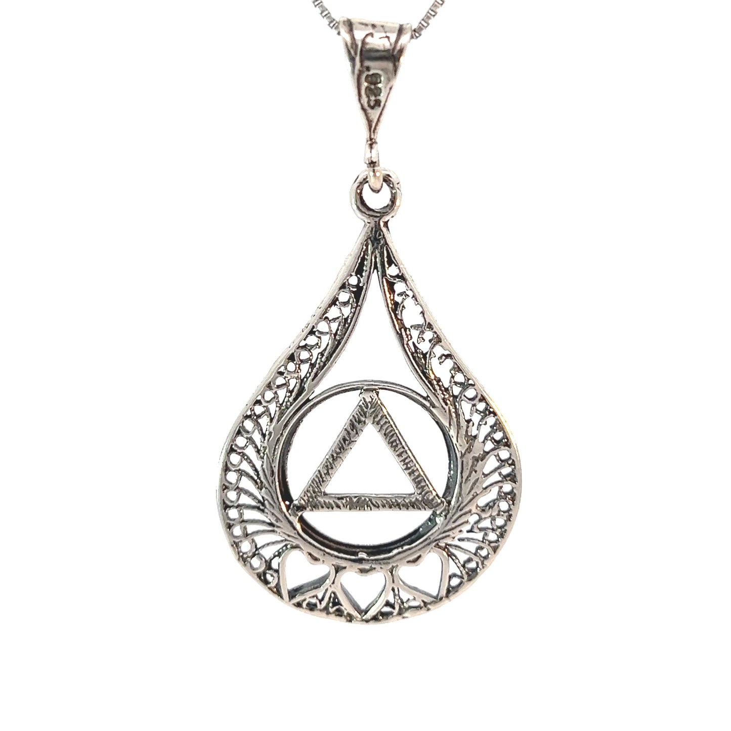 Sterling Silver AA Symbol Pendant with 3 Hearts in Filigree Teardrop – 4.2g Recovery Jewelry