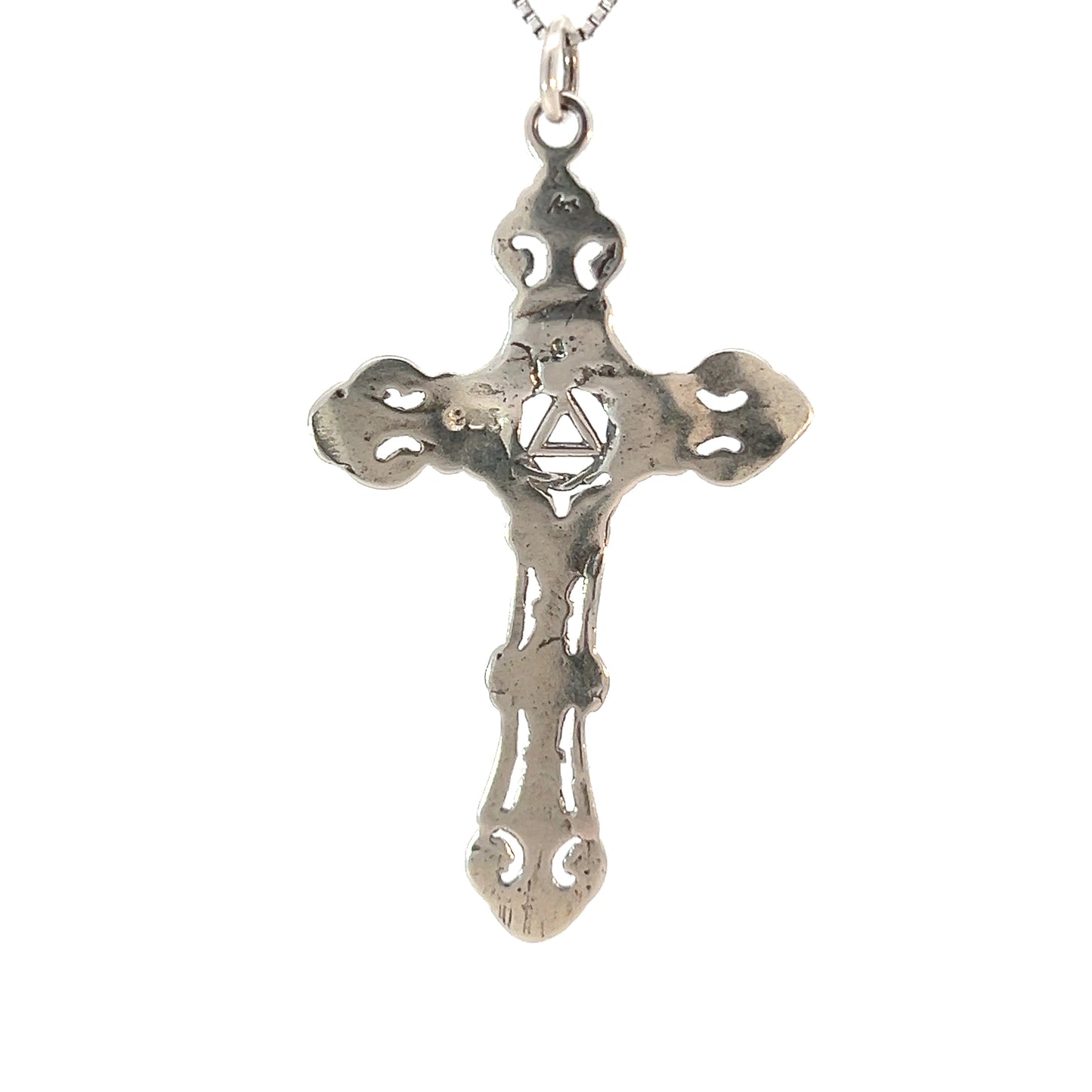 Sterling Silver AA Symbol Pendant on Cross – 3.3g, Hand-Finished Oxidized Recovery Jewelry