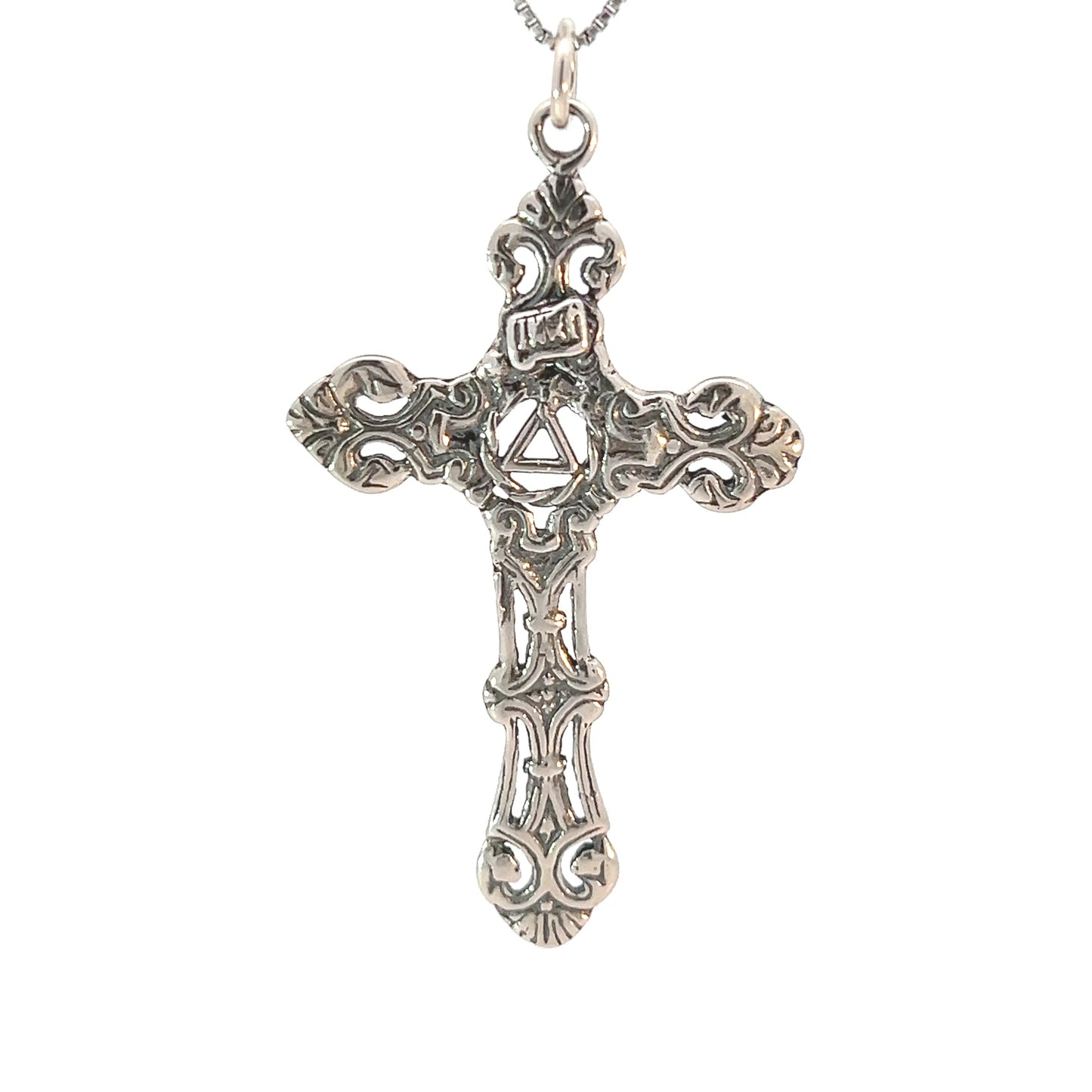 Sterling Silver AA Symbol Pendant on Cross – 3.3g, Hand-Finished Oxidized Recovery Jewelry