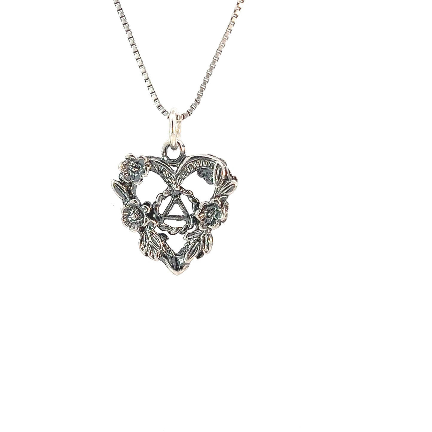 Sterling Silver AA Symbol Pendant in Open Heart with Flowers – Two-Sided Design